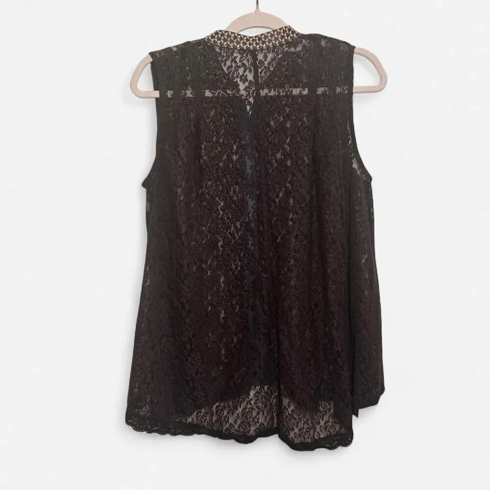 Free People Noir Romantic Floral Lace Button-Down Top – Dark Boho (M)